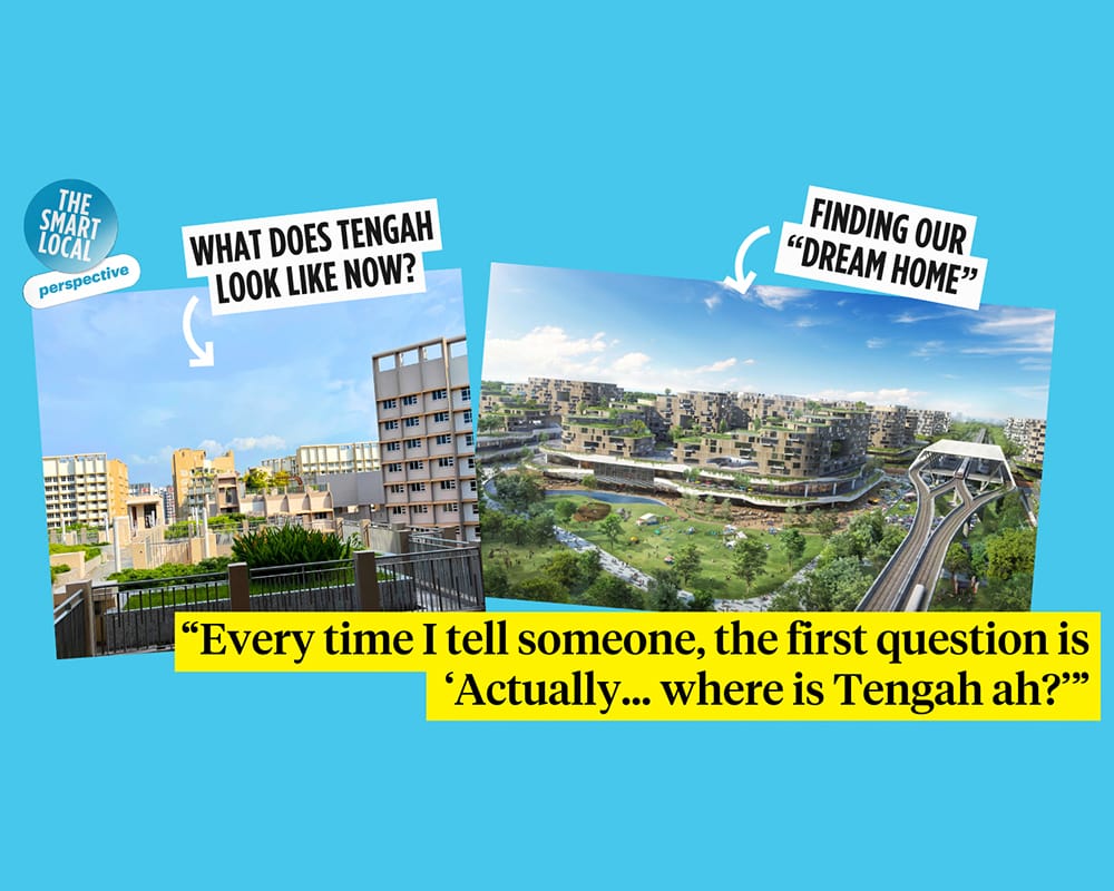 Collage showing an aerial view of Tengah town alongside a perspective illustration of the area