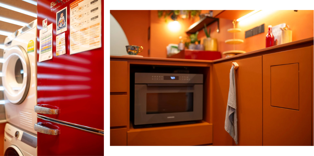 A collage of household appliances - a washing machine, fridge, and oven.