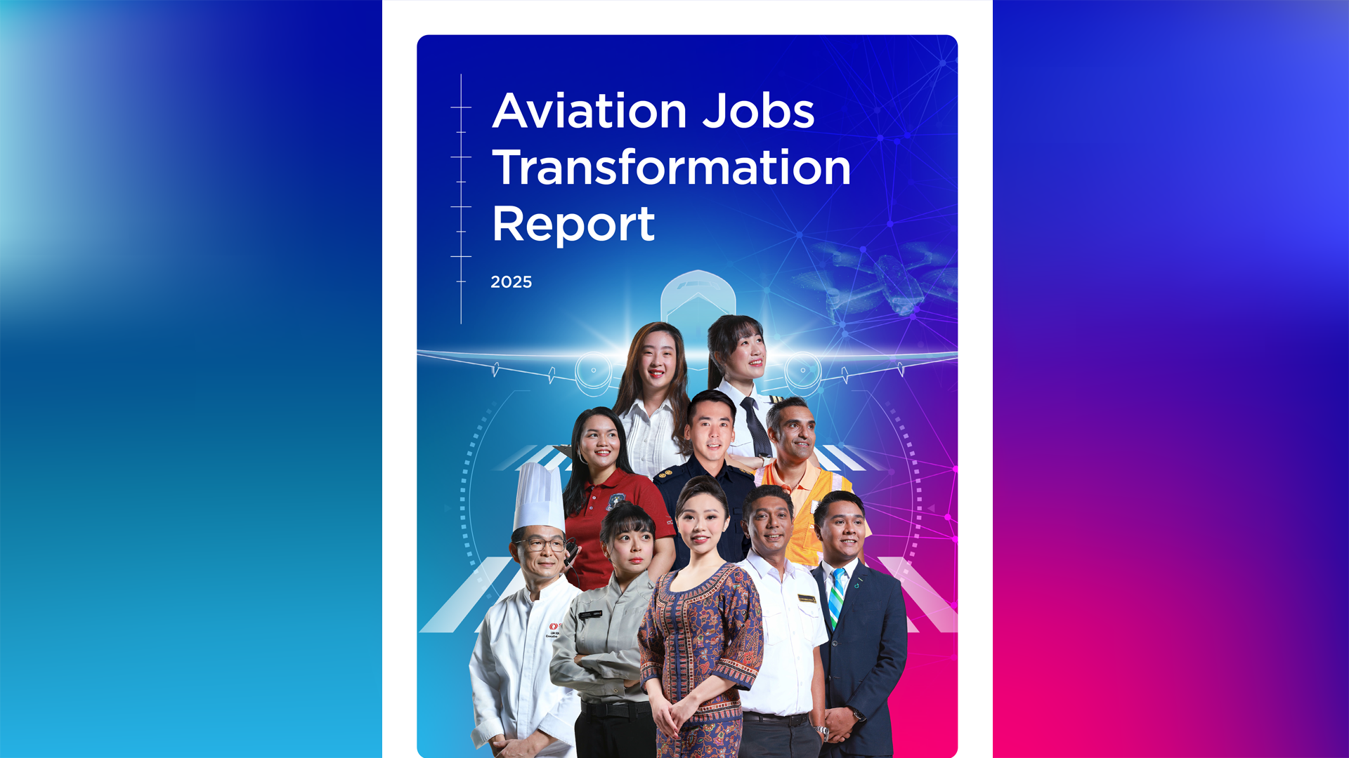 Colourful aviation workforce report cover showing a diverse group of professionals in aviation-related roles, with the title ‘Aviation Jobs Transformation Report 2025’