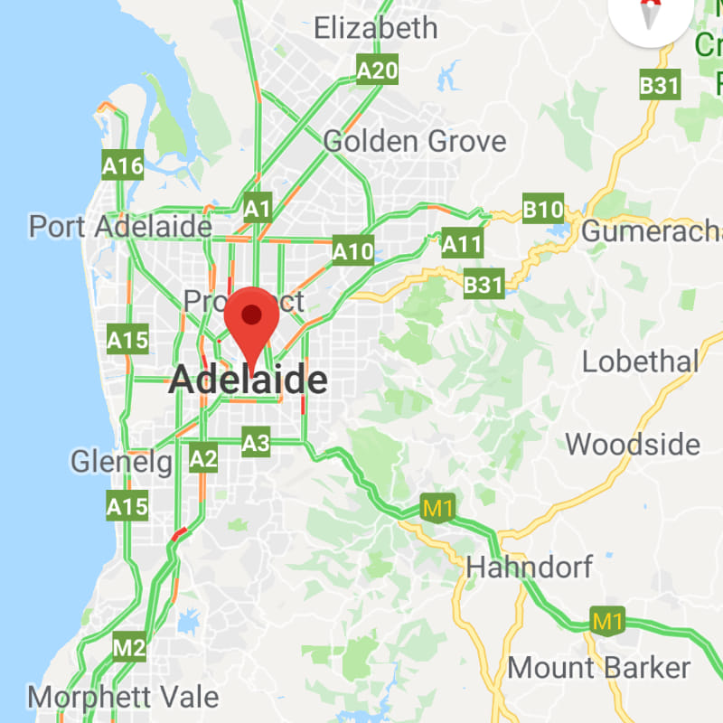Adelaide area map showing road networks with a red pin marking the city.