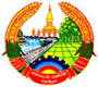 Laos coat of arms: golden sheaves, temple silhouette, cogwheel, fields, red ribbons.
