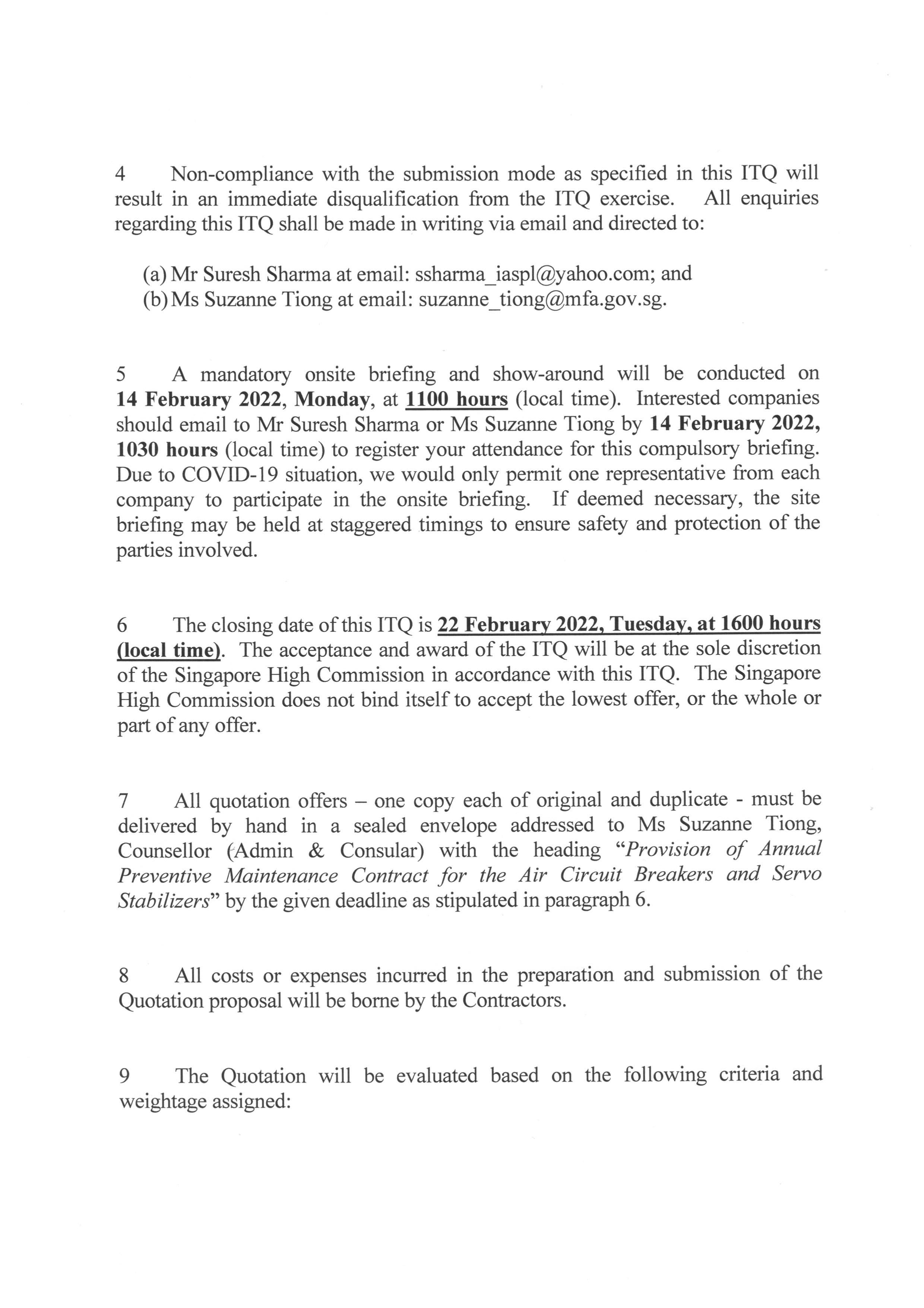 Text document with paragraphs about ITQ non-compliance, briefings, and quotation offers.