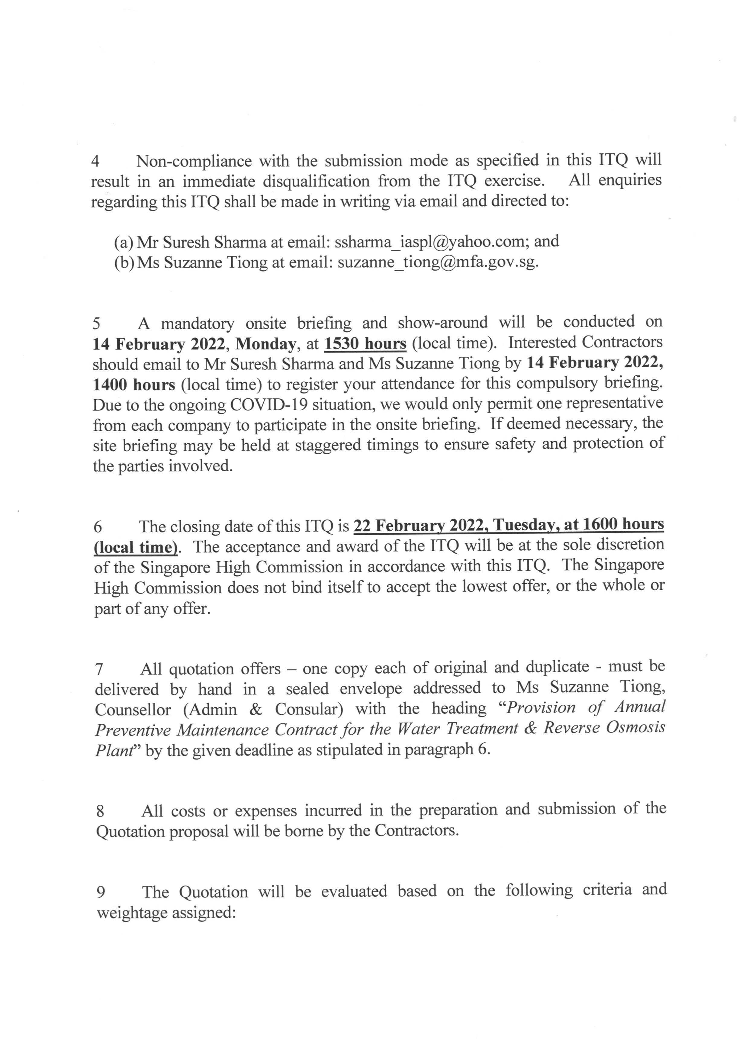 Text document with paragraphs about ITQ non-compliance, briefings, and quotation offers.