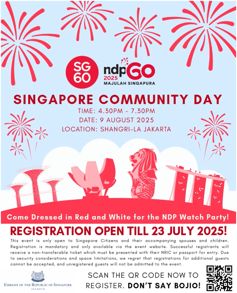 Singapore Community Day flyer: event info, fireworks, Gardens by the Bay, Merlion statue, registration details.