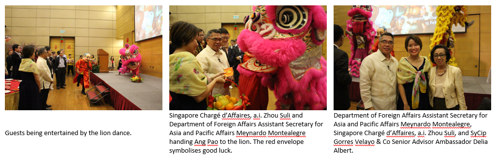 Collage of scenes from a cultural event with lion dance performers and dignitaries.