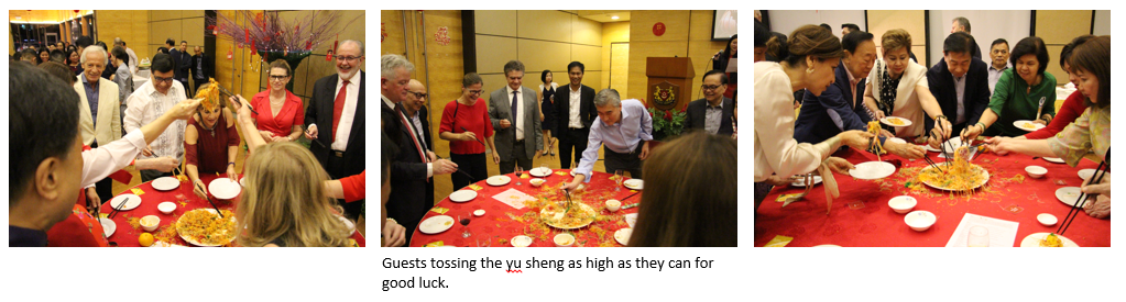 Three group photos of people tossing Yu Sheng salad with chopsticks at a banquet.