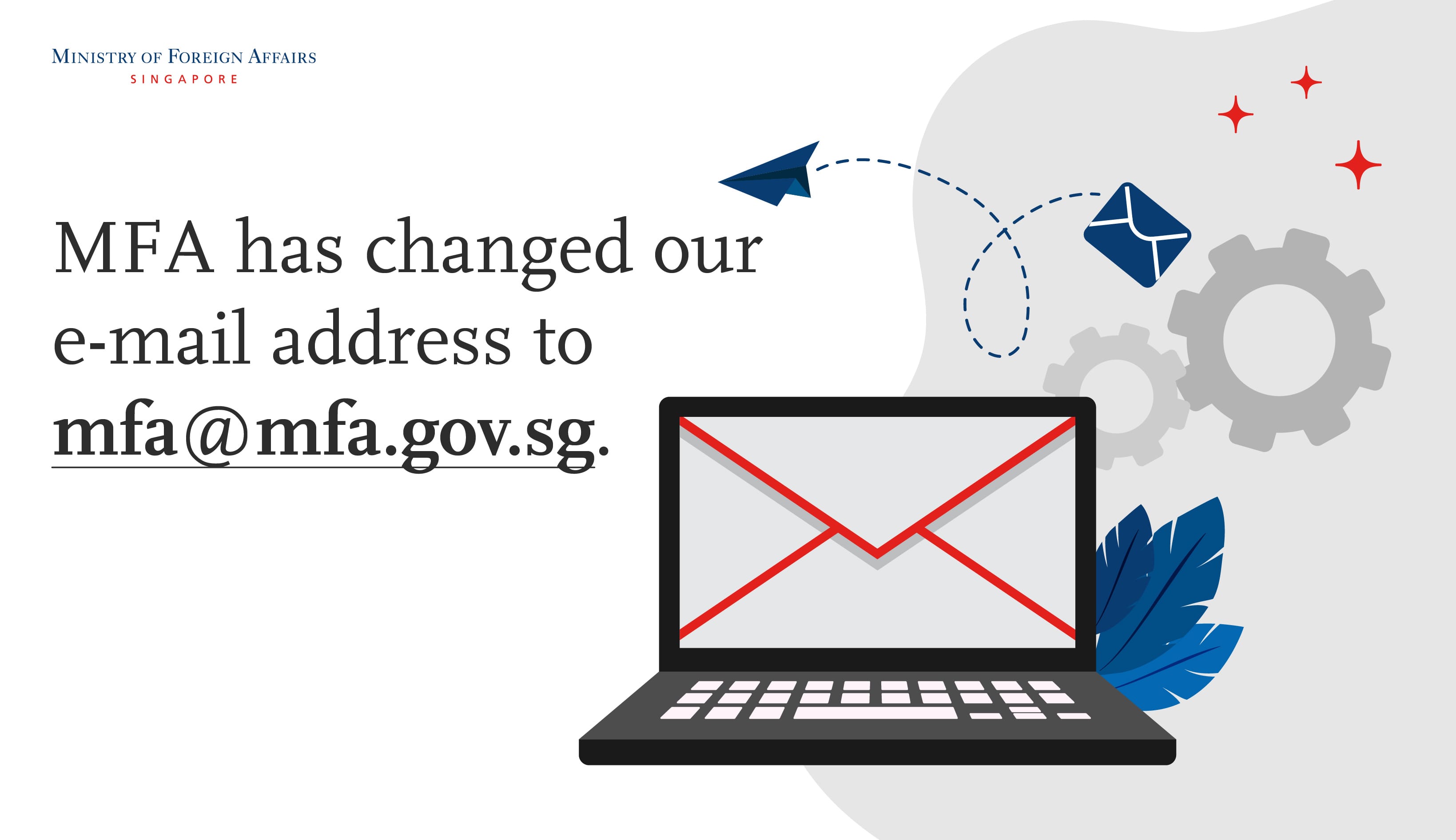 Ministry of Foreign Affairs (Singapore) notice with laptop, mail icons, gears, and blue design elements.