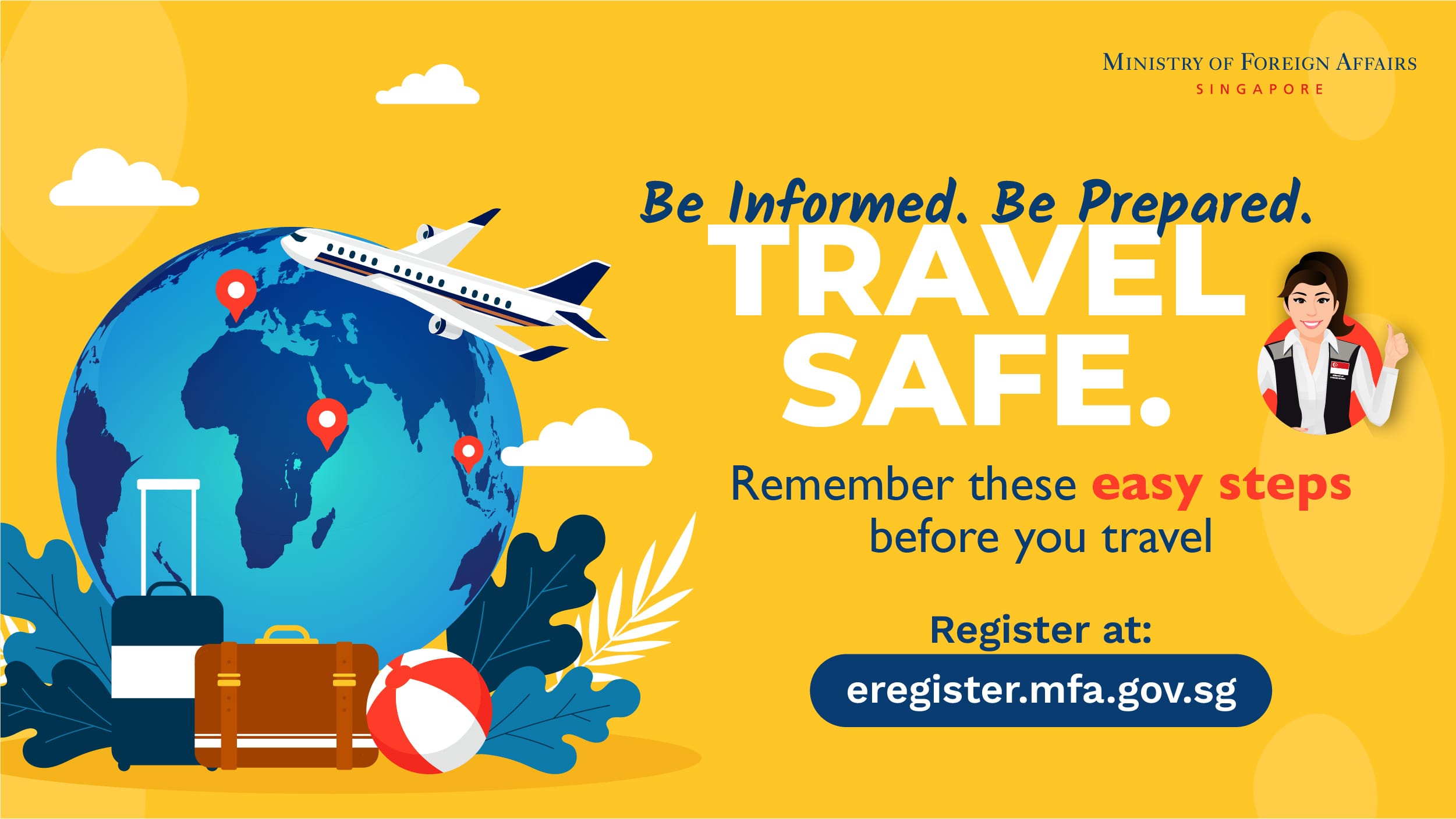 Travel safe advisory: Globe, plane, luggage, MFA Singapore logo.