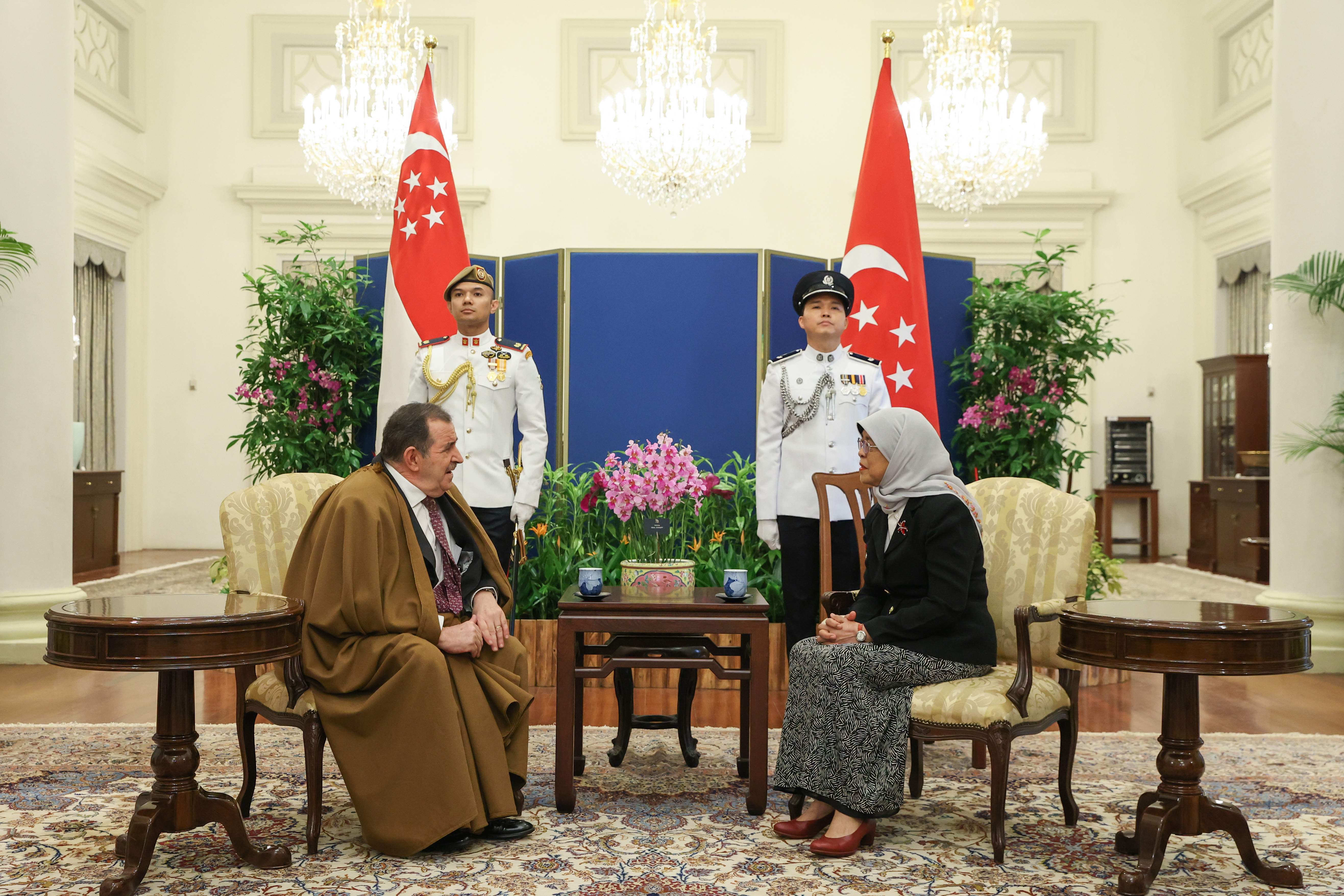 Two leaders seated, flanked by flag-bearing guards in white uniforms, under chandeliers.