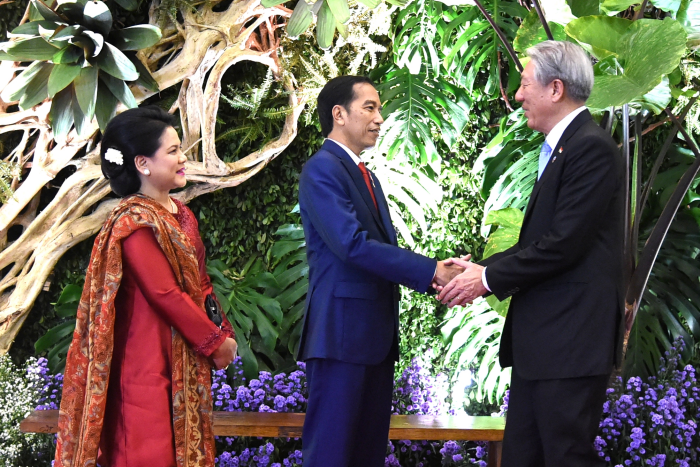 Joko Widodo shakes hands with a man in a suit. A woman in red stands to their side. Floral and plant backdrop.