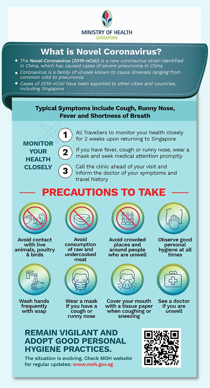 Singapore MOH infographic about Novel Coronavirus, symptoms and precautions.