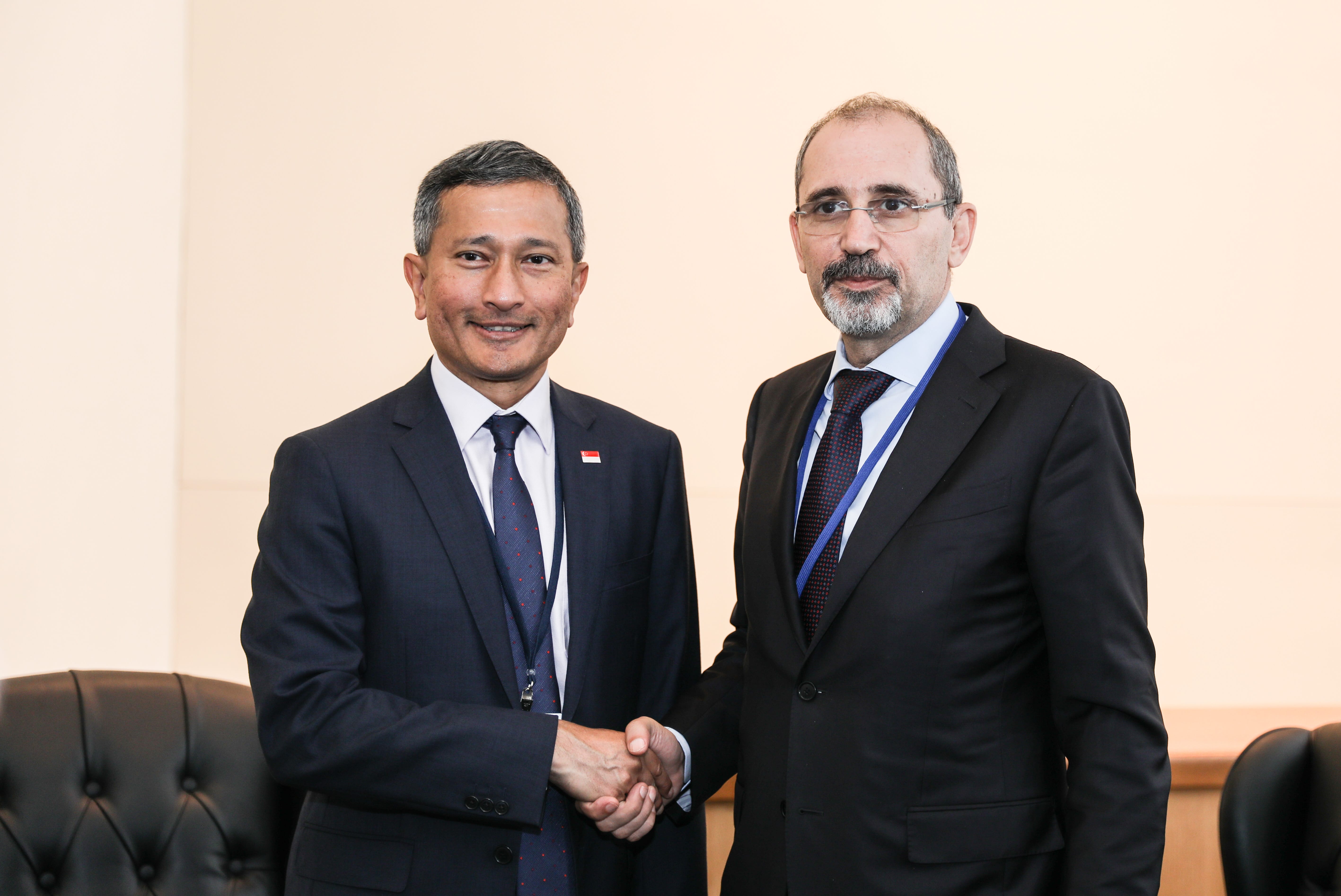 Two men in suits shake hands. One wears a Singapore flag pin.