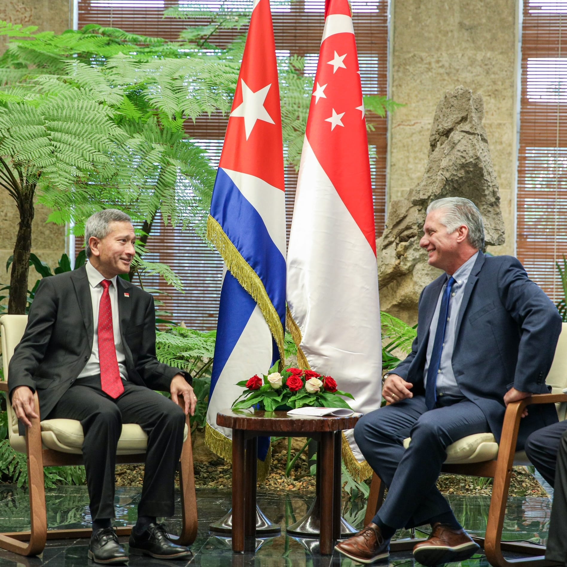 Lee Hsien Loong and Miguel Díaz-Canel seated, flags of Singapore and Cuba behind them.