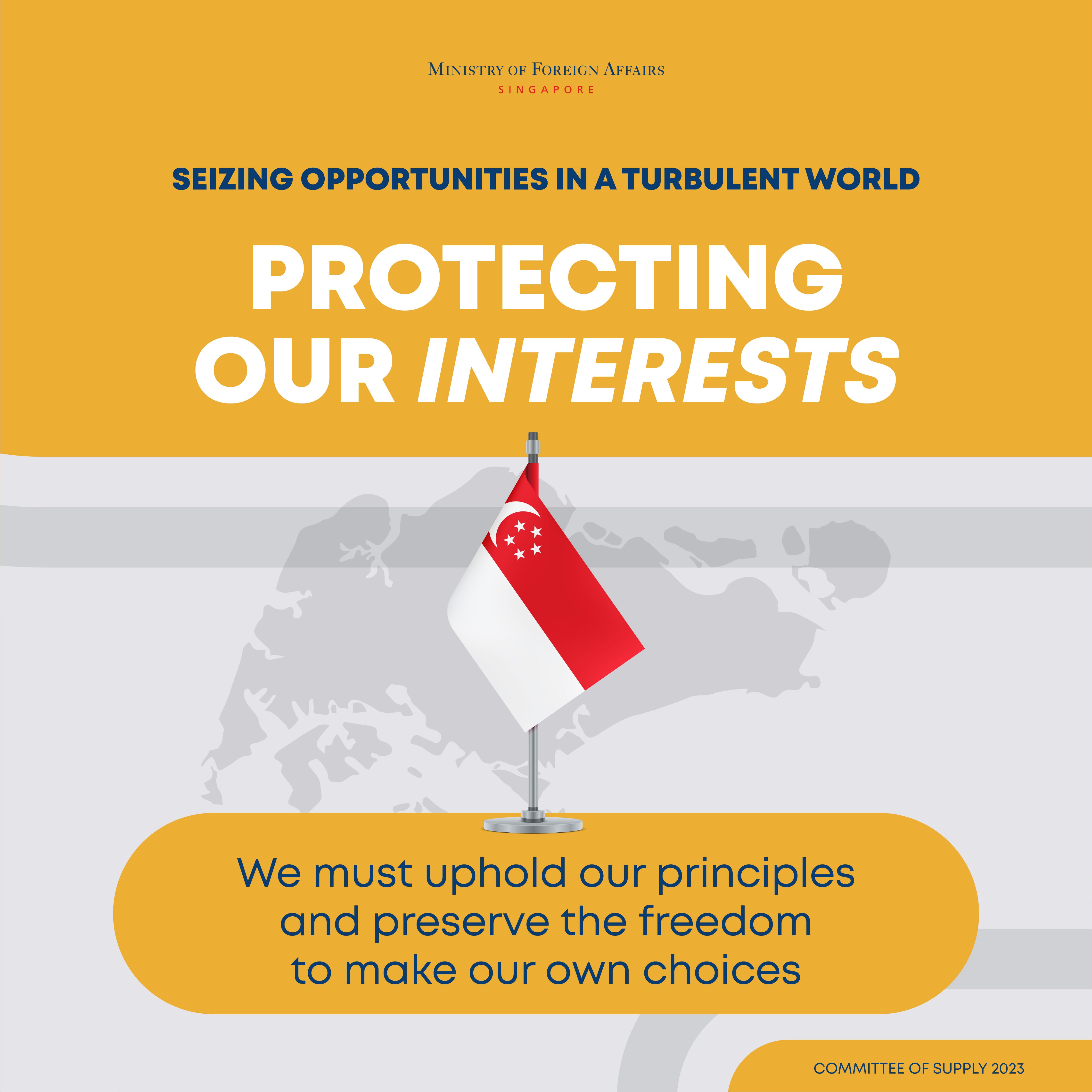 Singapore flag on a stand against a map background, text overlay.