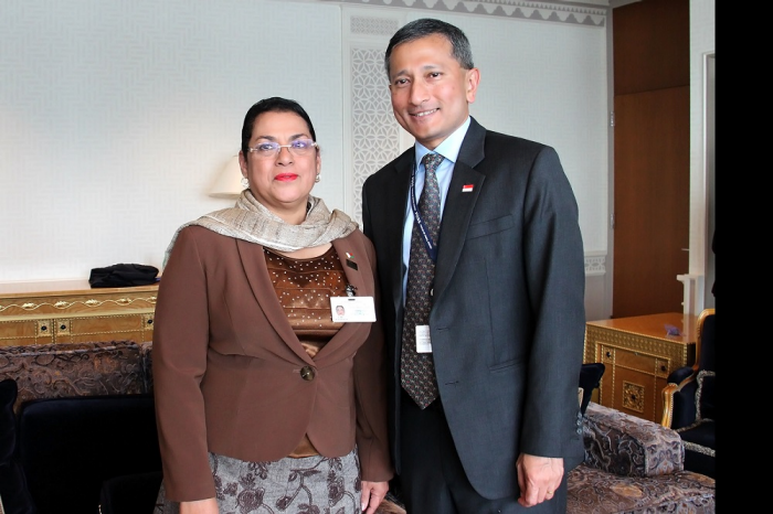 Two people in business attire pose indoors with ornate furniture. Man wears Singapore flag pin.