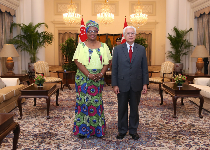 Two people pose in a room with Singapore flags; woman wears a colorful dress, man wears a grey suit.