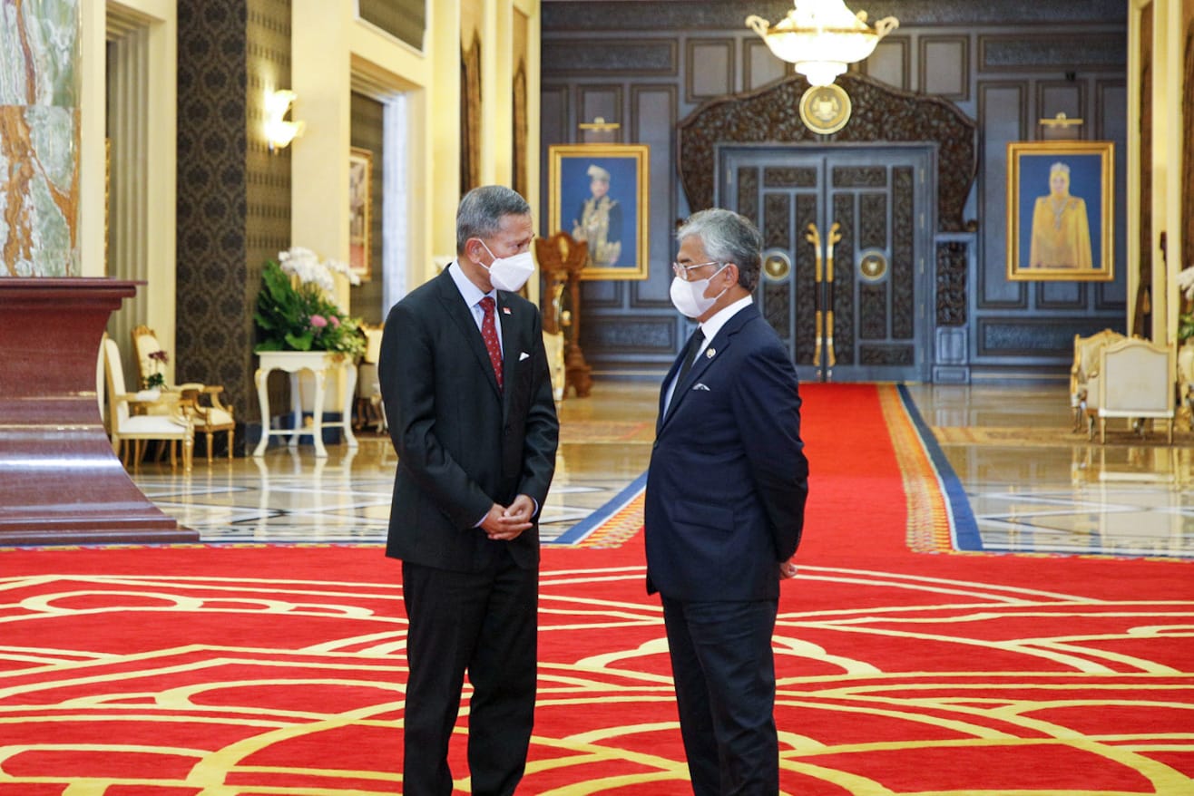 Two men in suits and face masks converse in an ornate room with red patterned carpet.