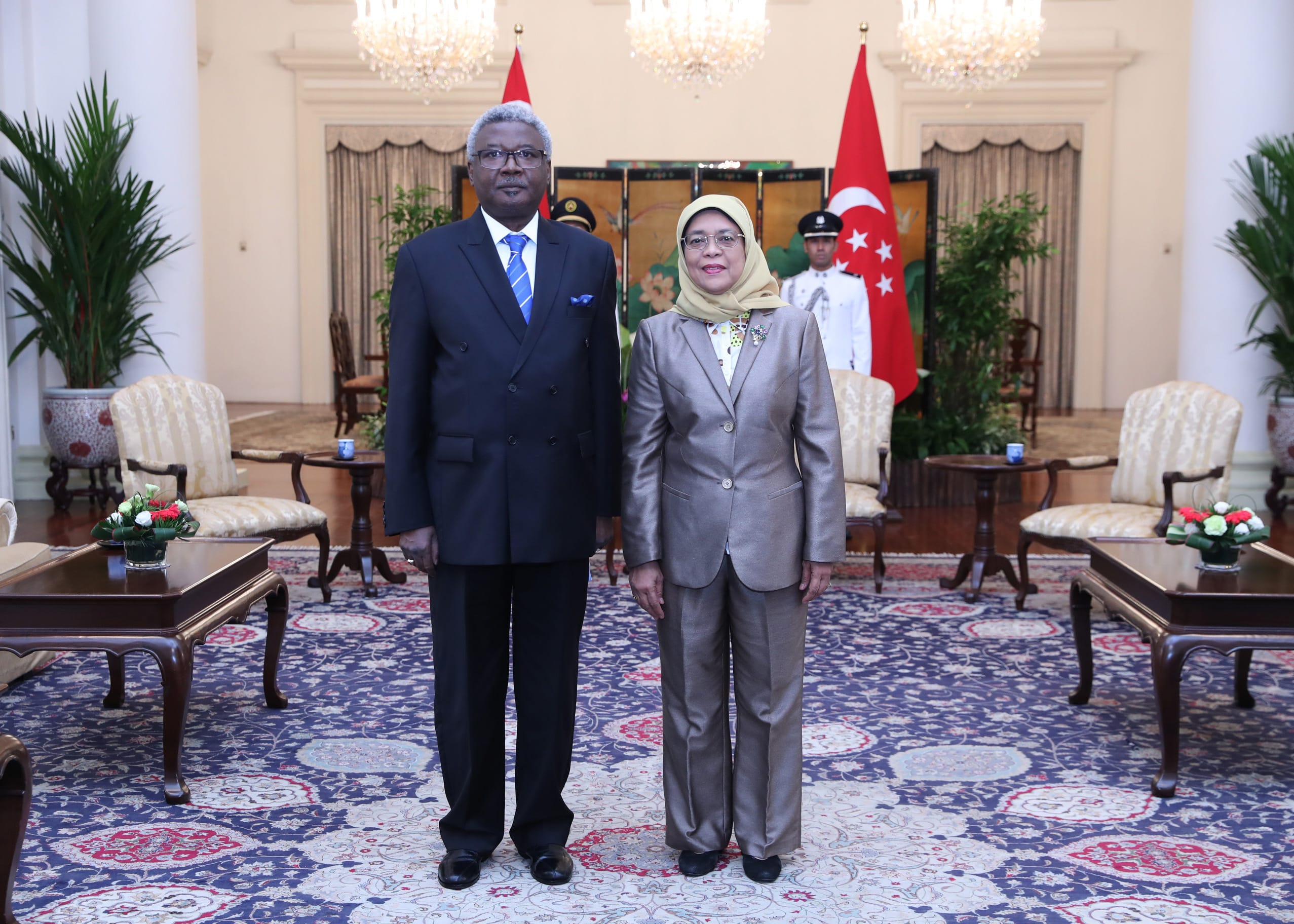 Halimah Yacob with foreign leader, in suits, standing indoors with Singapore flag in background.