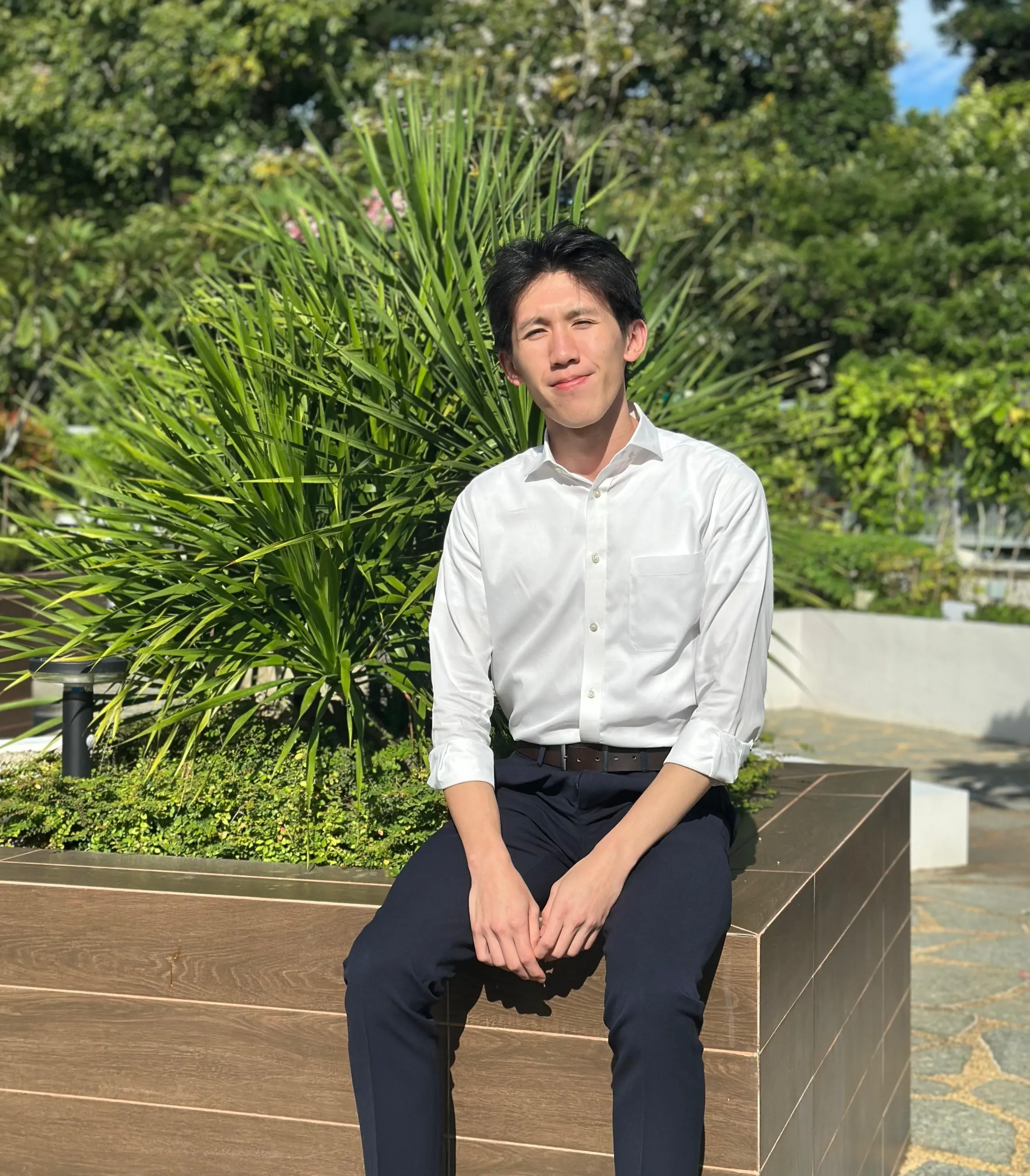 Man in white shirt and dark trousers sitting on a wooden planter with green plants in sunlight.