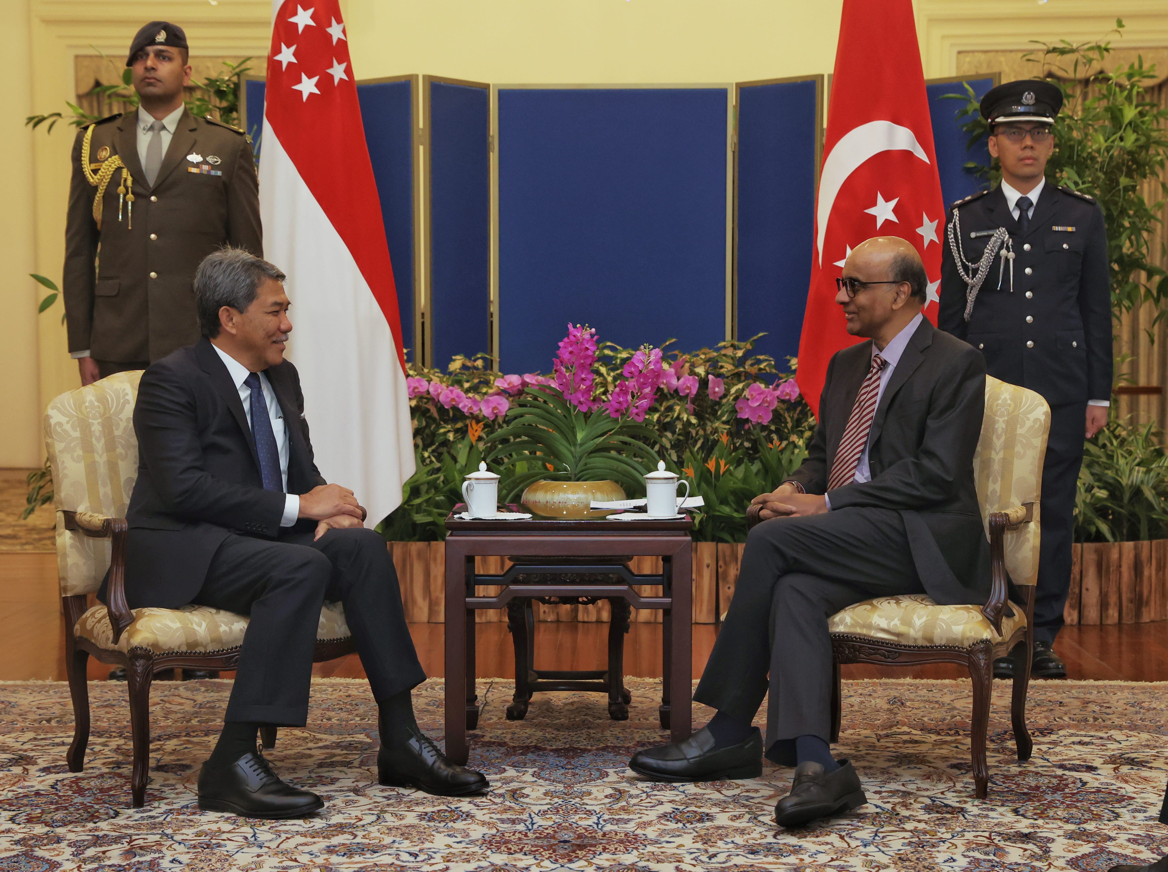 Halimah Yacob and Lee Hsien Loong in suits converse with Singapore flags behind them, guarded by military personnel.