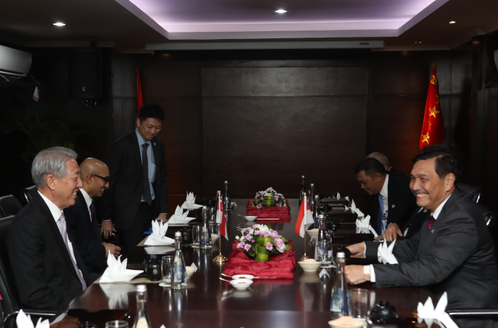 Meeting with officials seated at long conference table with country flags displayed.