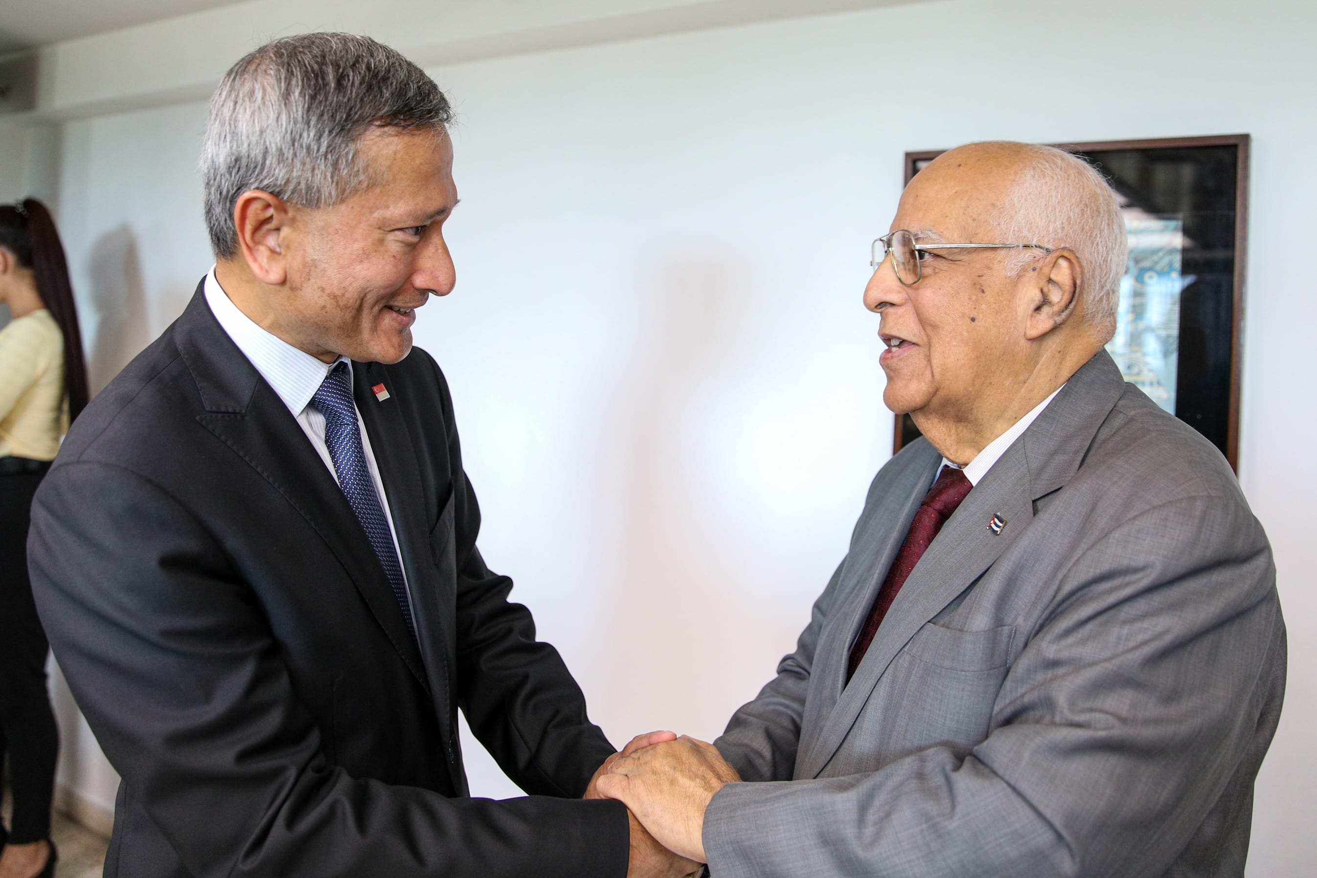 Two men in suits shake hands, one wears a Singapore flag pin.