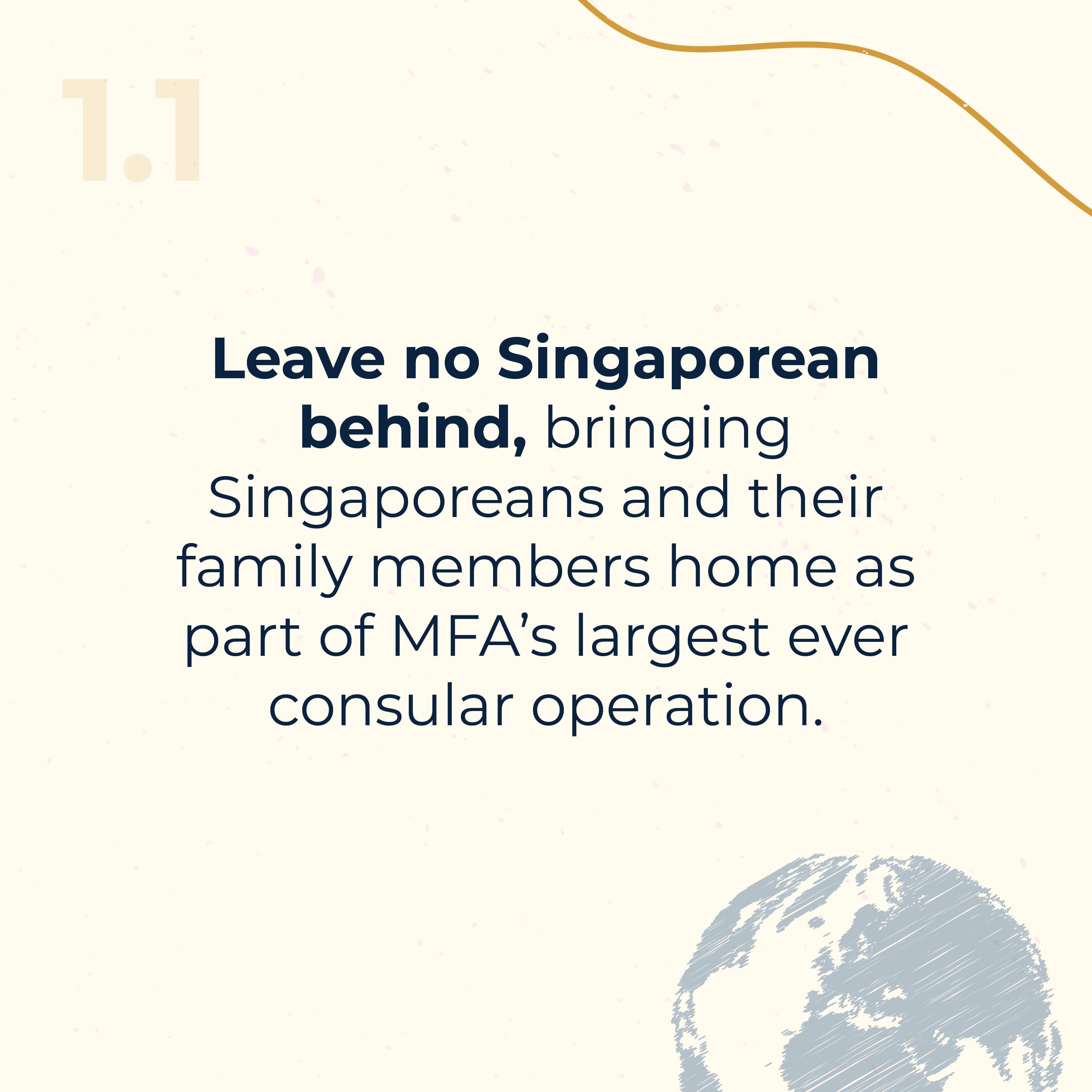 Text states, "Leave no Singaporean behind..." with globe icon and decorative lines on beige.