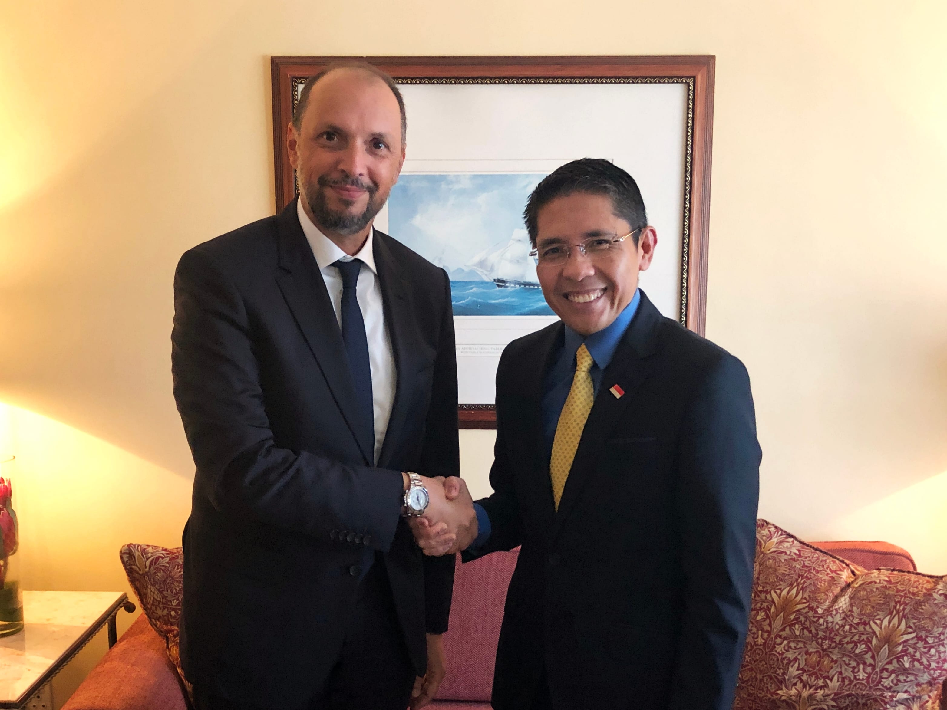Two men in formal attire shaking hands, Singapore flag on table.