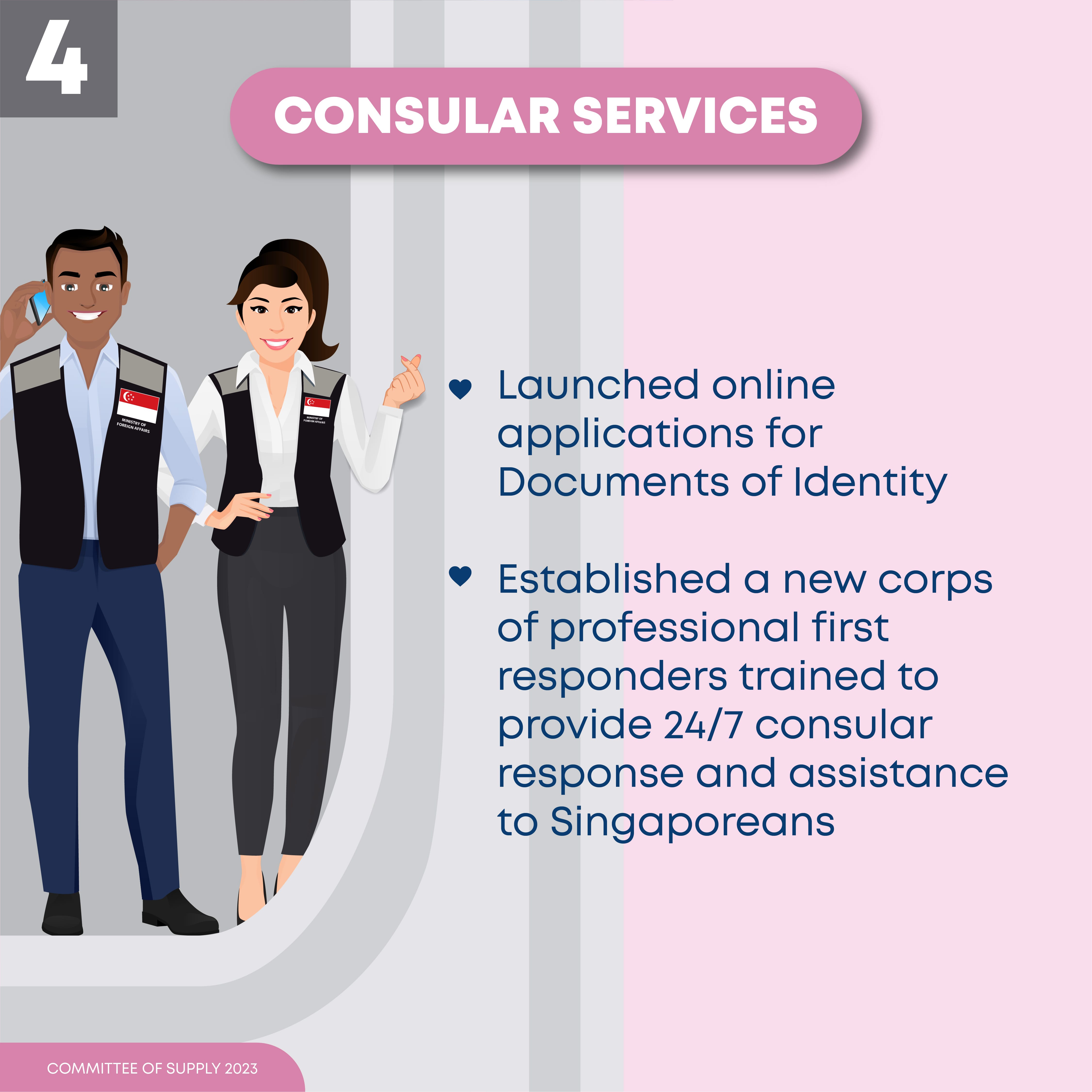 Two people in Ministry of Foreign Affairs vests next to text about Consular Services.