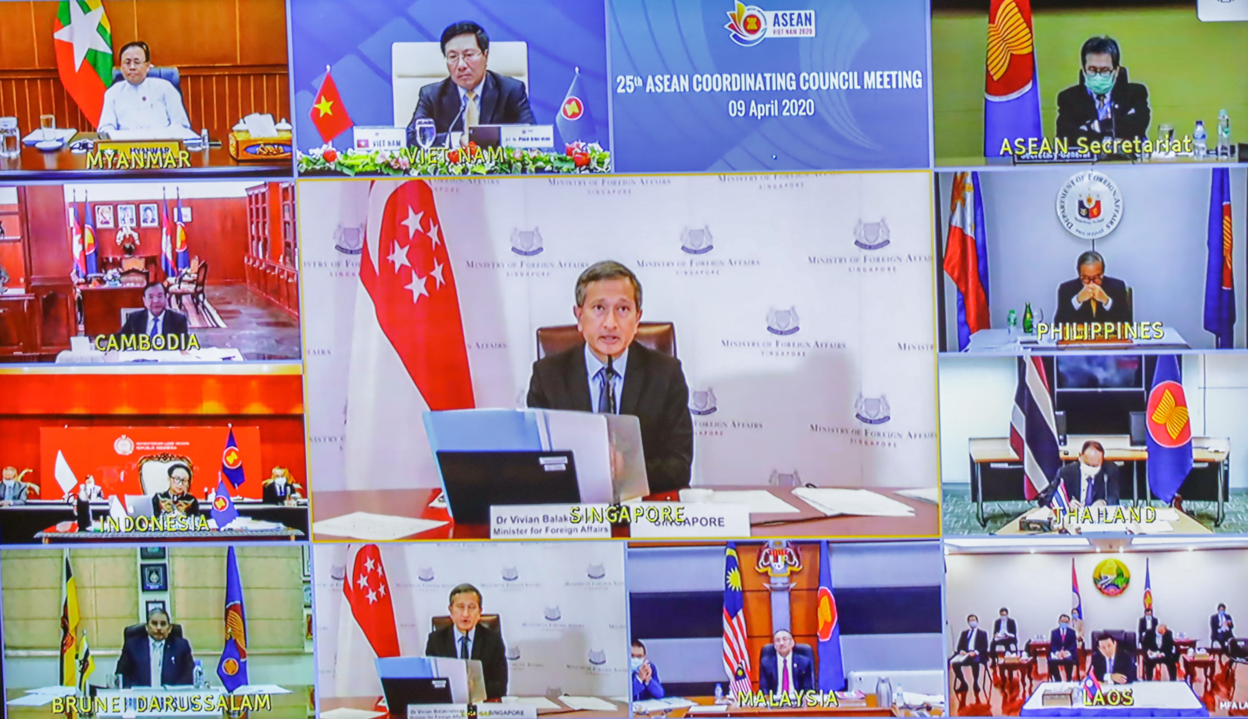 Screenshare showing ASEAN's 25th Coordinating Council Meeting with country representatives.