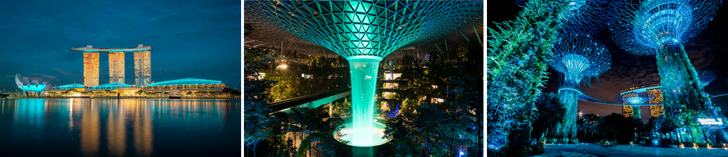 Iconic buildings and landmarks around Singapore illuminated in green or white, the colours of the anti-drug ribbon.