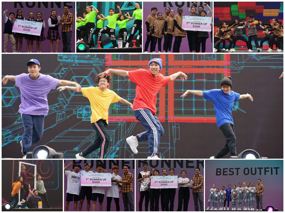 Montage of dance competition scenes; groups perform, hold prize signs, receive awards.