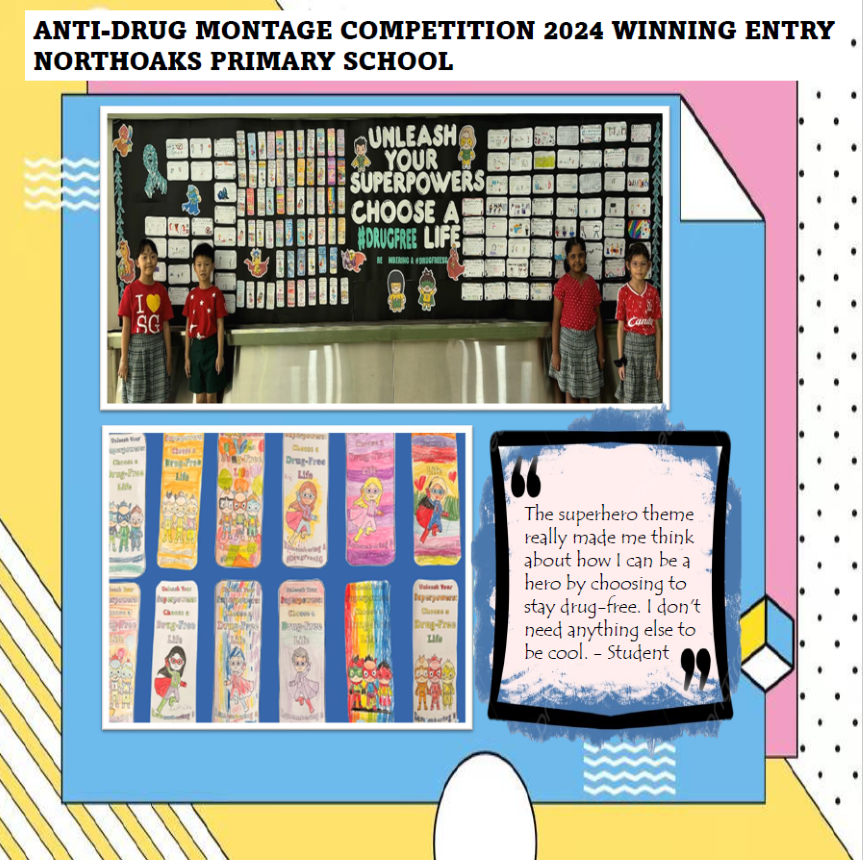 Students stand by montage wall: “Unleash Your Superpowers, Choose a #DrugFree Life.”