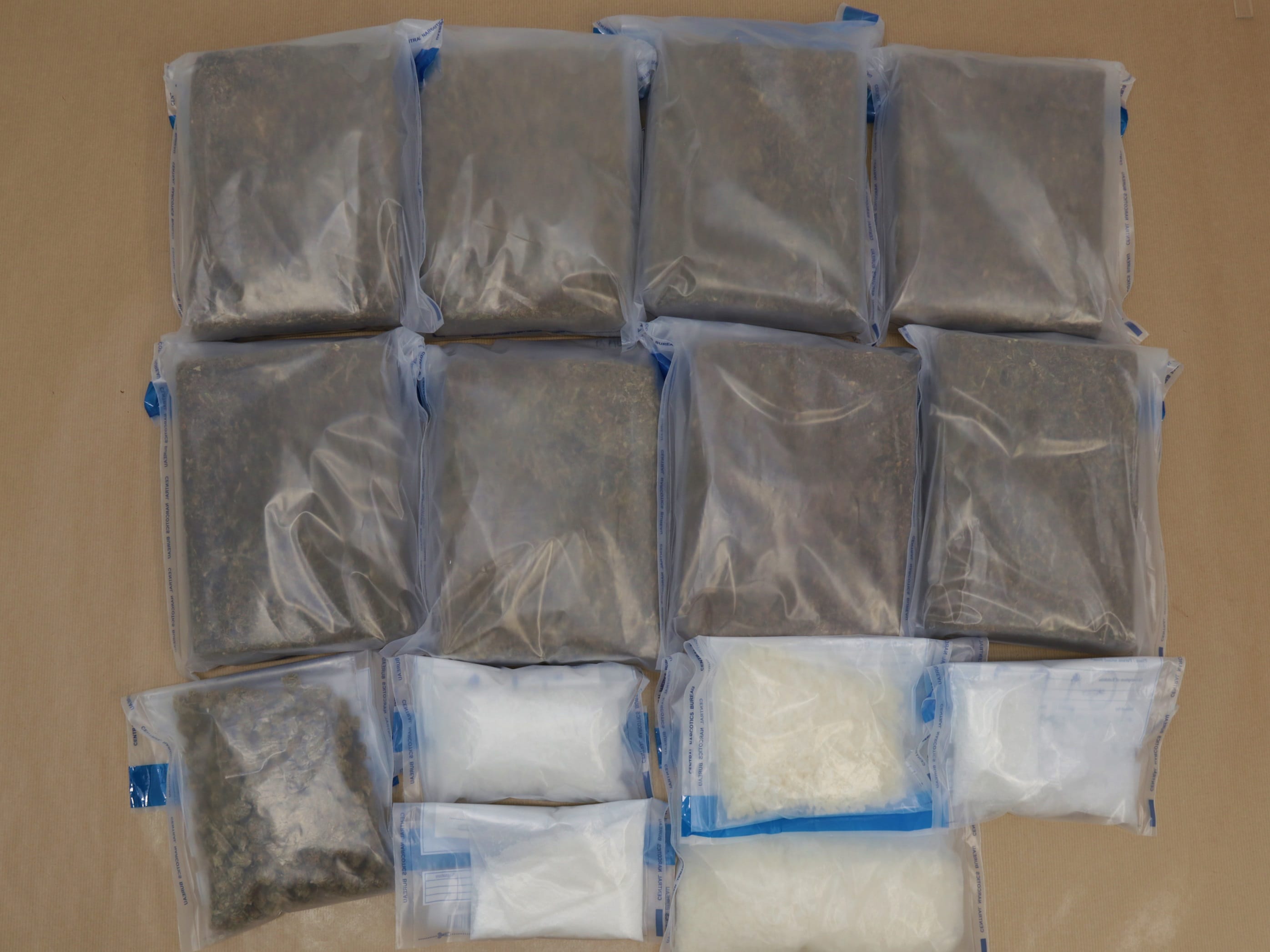 Eleven sealed plastic bags of green and white granular material on a tan surface.