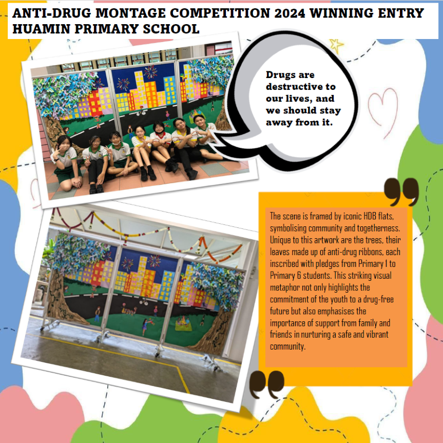 Students pose with anti-drug mural of HDB flats, trees with pledge ribbons, and fireworks.
