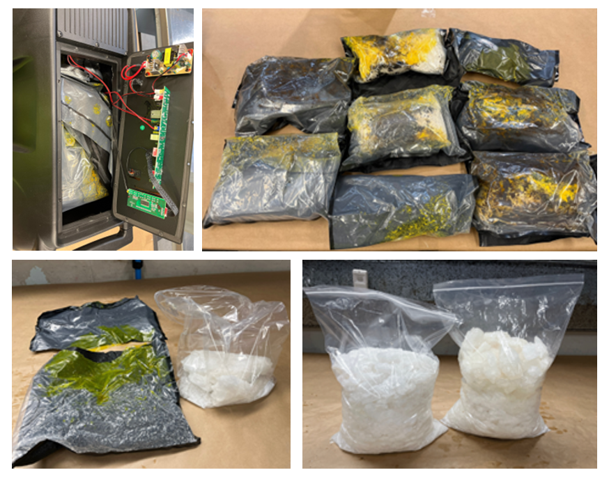 Multiple bags, some in speaker compartment, others with colored residue, and bags with crystalline contents.