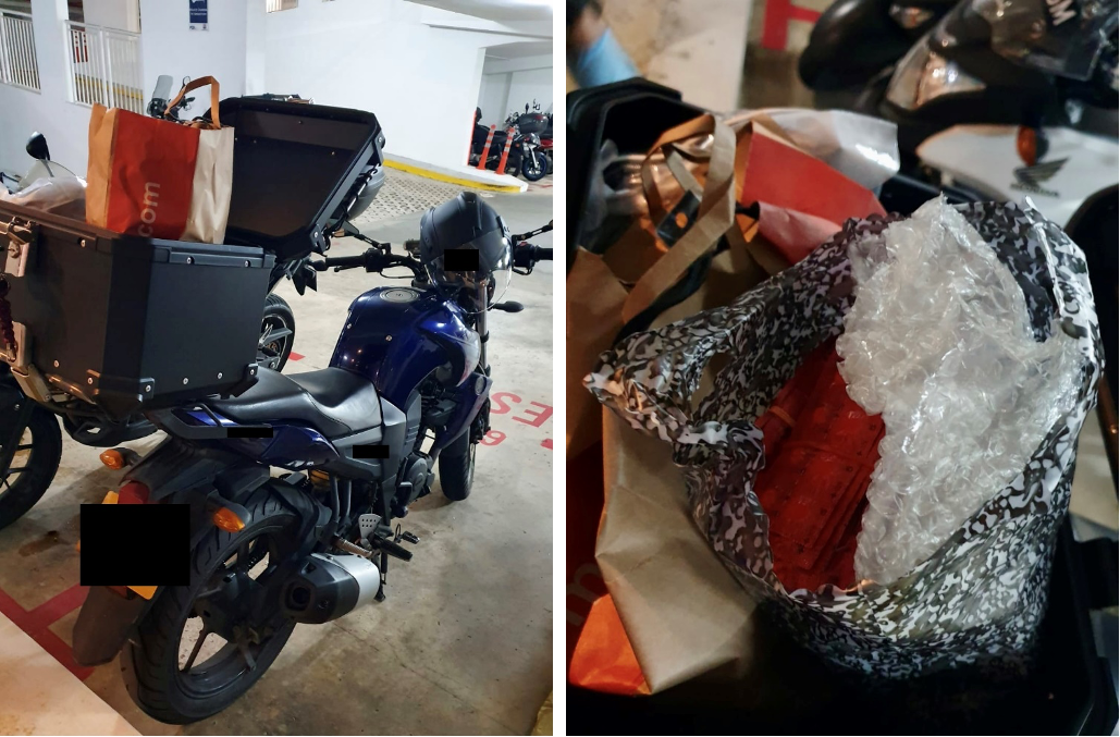 Two-part: blue Yamaha motorcycle with food delivery bags and containers; close-up of packed food in bags.