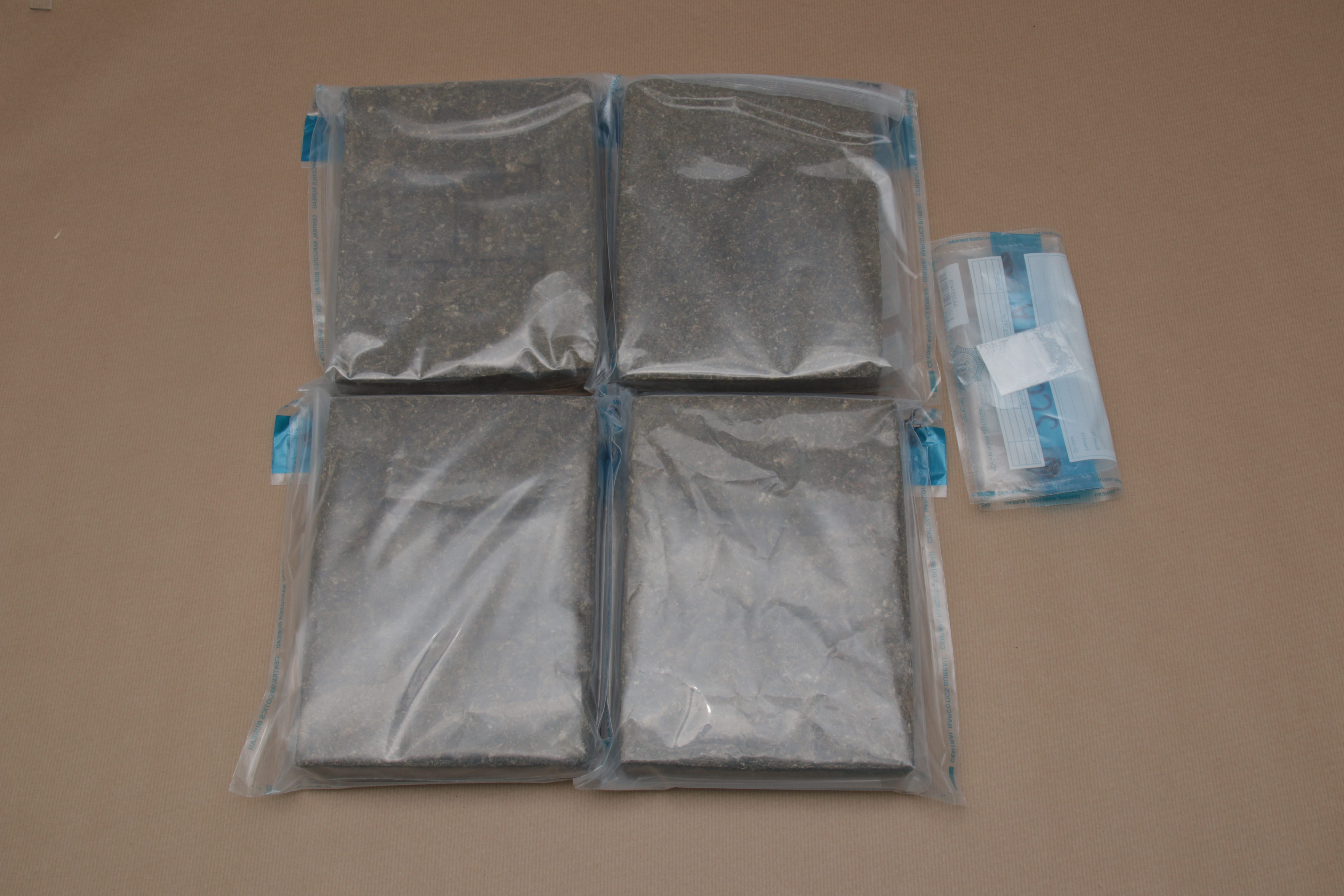Four bricks of green substance in clear bags, alongside small labeled evidence packets.