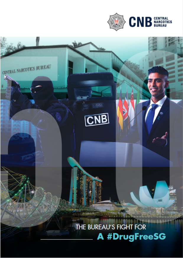 CNB promotional graphic with armed officers, speaker, and Singapore landmarks, promoting a #DrugFreeSG.