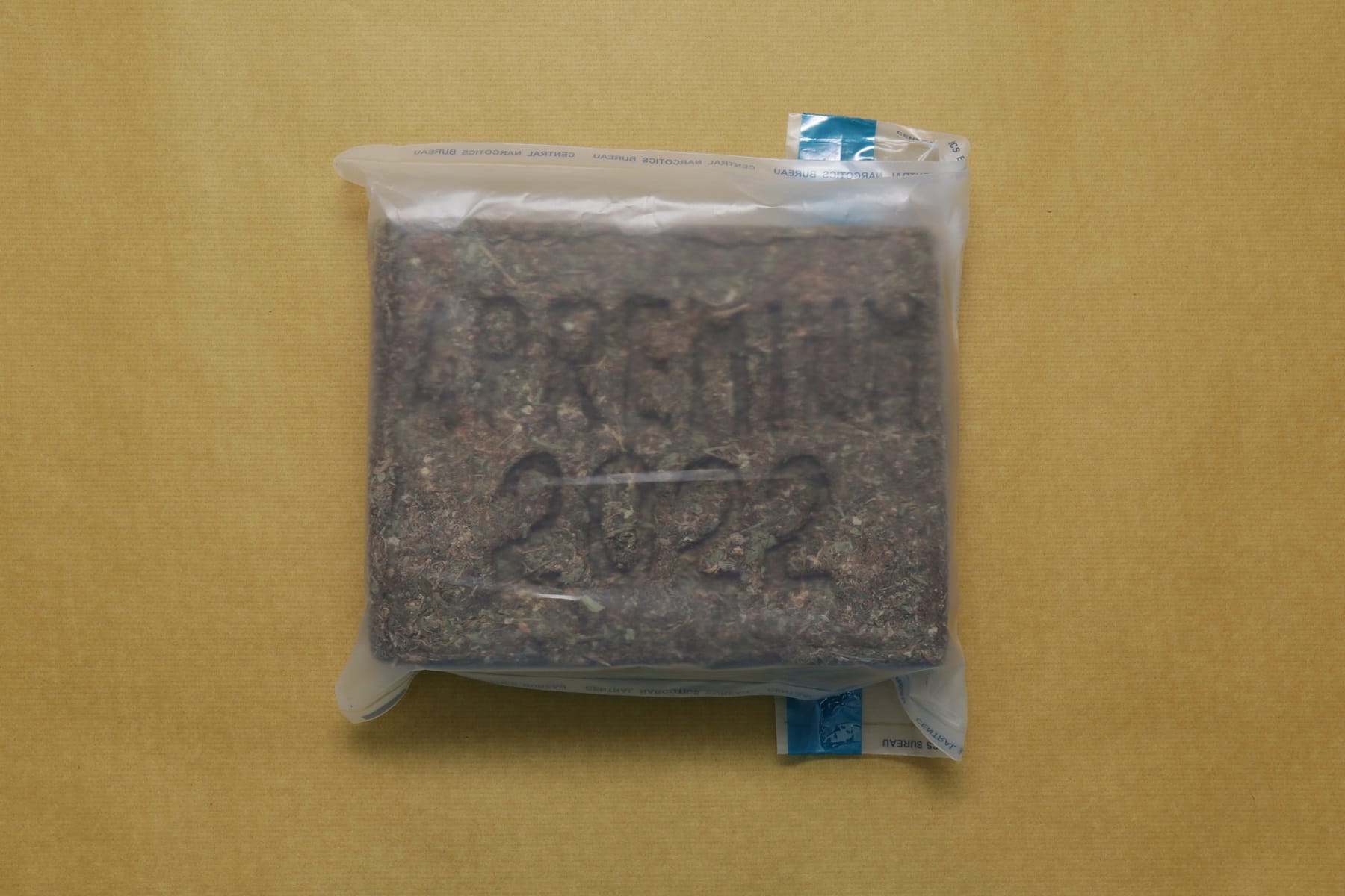 Brick-shaped pack of plant material with "2022" imprint, inside clear plastic bag.