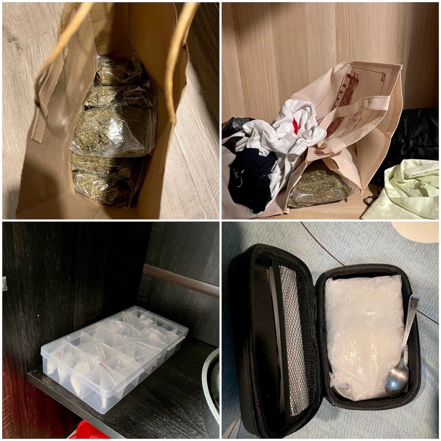 Four-panel collage: bags of marijuana, box of nails, pouch with substance and spoon.