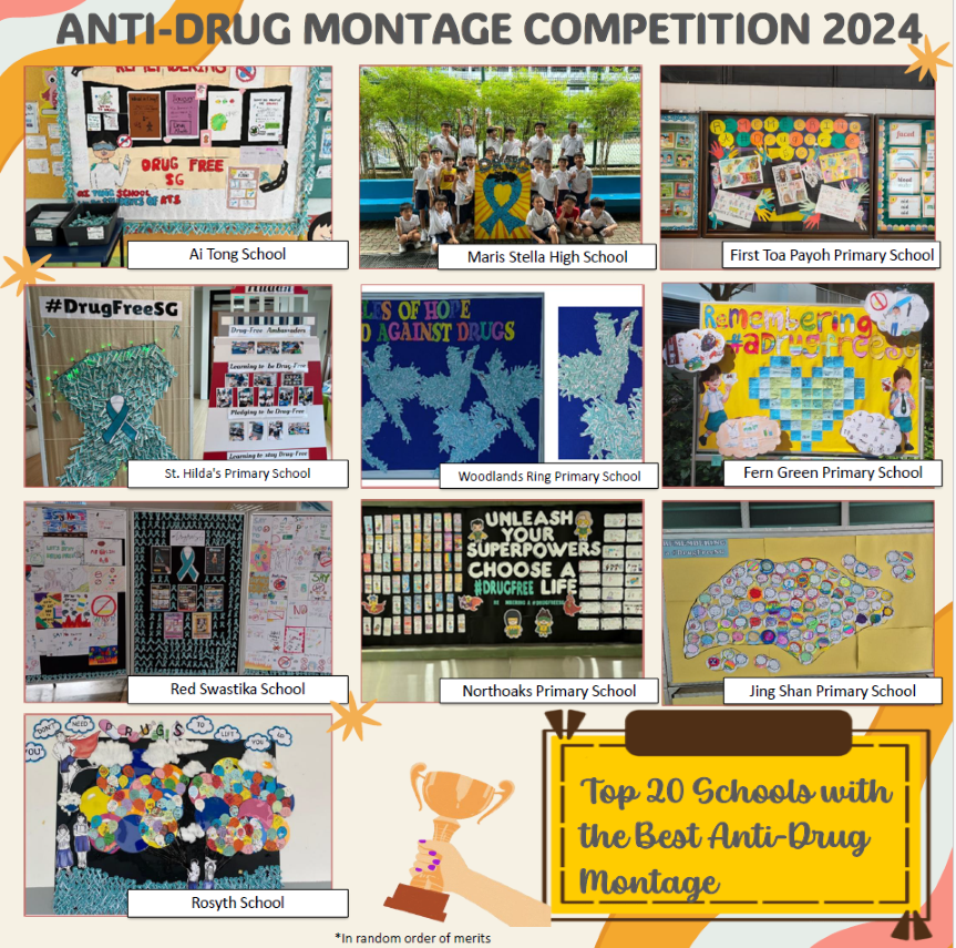 Top montage entries from 10 schools with creative anti-drug messages and visuals.