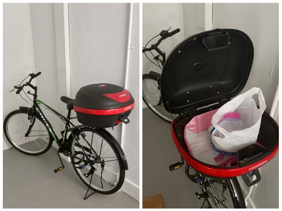 Split image: bicycle with black and red carrier box, open to show the contents.