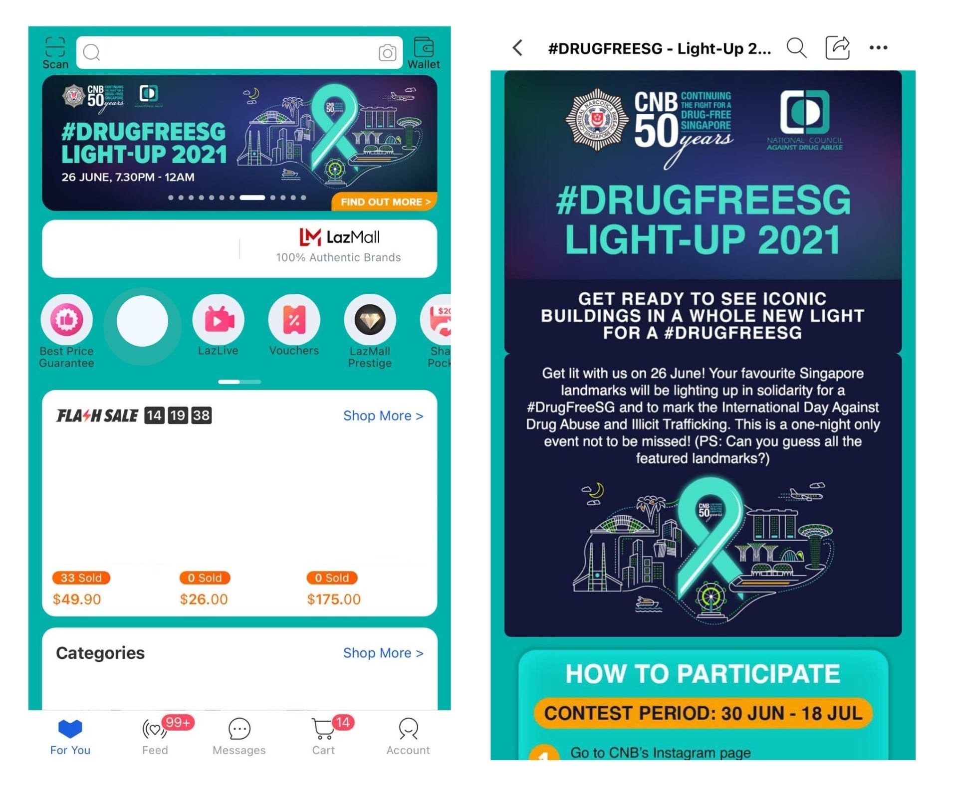 Screenshots showing promotion of "#DrugFreeSG Light-Up 2021" and Lazada app interface.