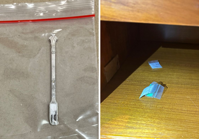 Split image: silver spoon in plastic bag; packets on wood surface inside open drawer.