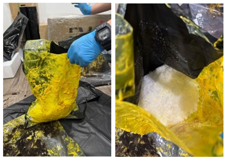 Two-panel image showing a gloved hand unwrapping yellow-covered packages revealing white, crystalline contents.