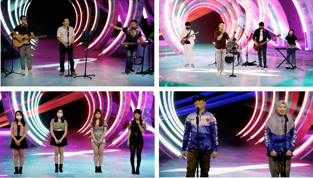 Montage of musical group performances with colorful backgrounds and stage lighting.