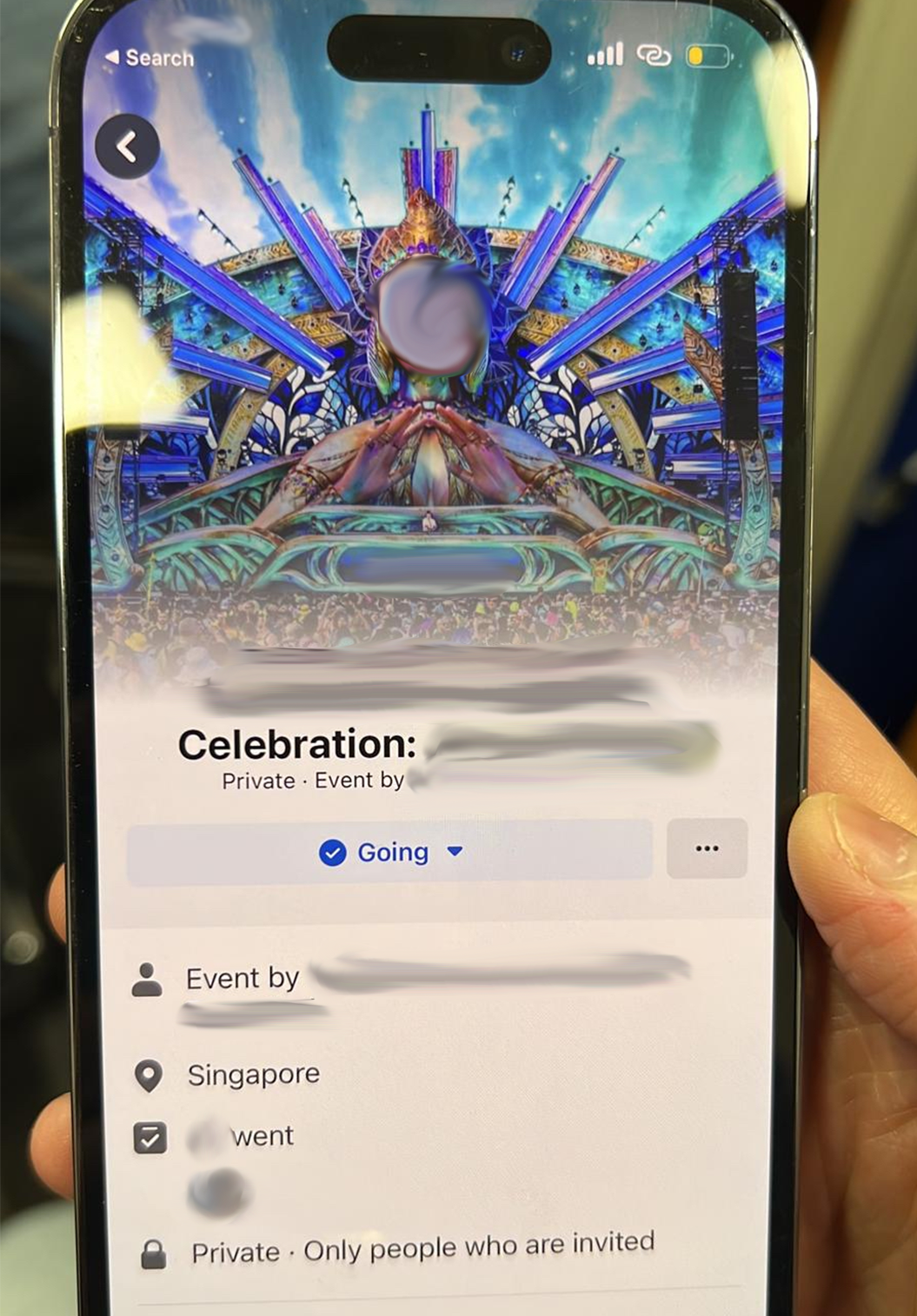 Smartphone showing a Facebook event page for "Celebration" with abstract, colorful event art.
