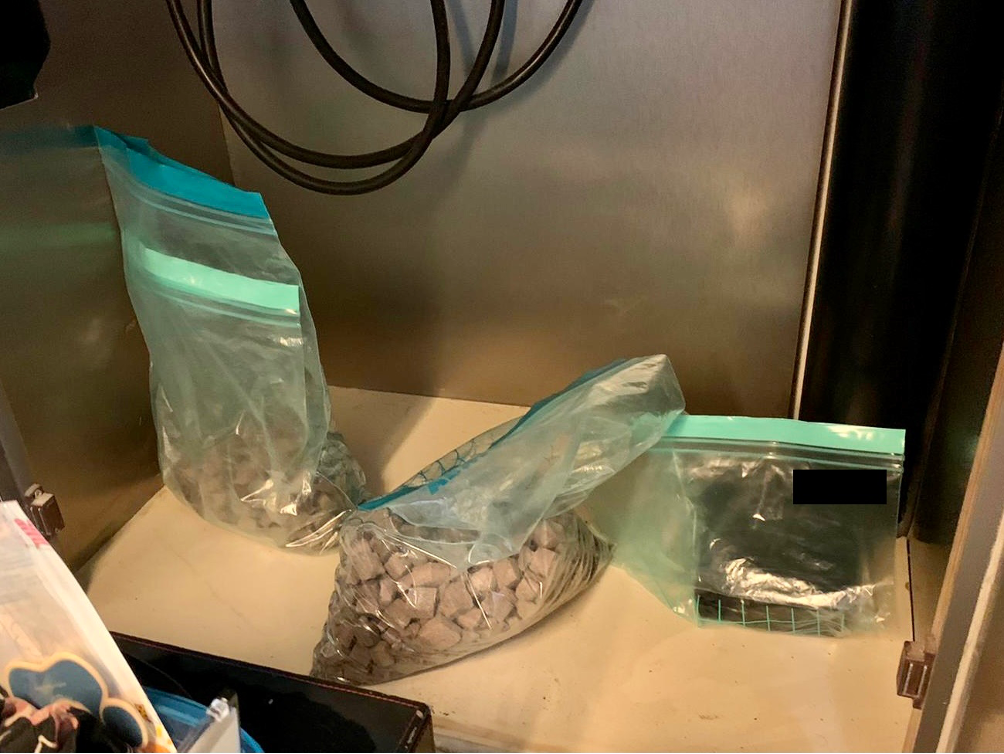 Three zipped plastic bags with gray contents sit on a shelf.