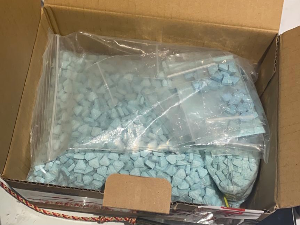 Open cardboard box containing many bags filled with small, blue, triangular objects.